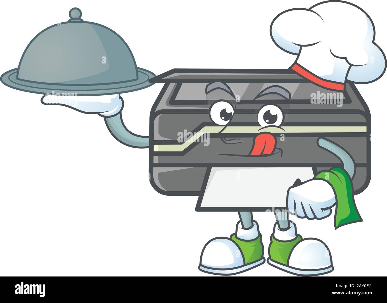 Un'icona della stampante come chef con cibo sul vassoio pronto per servire Illustrazione Vettoriale