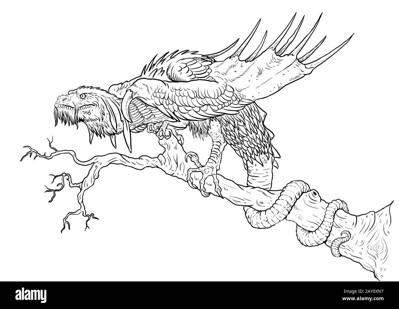 Pagina di colorazione Dragon. Illustrazione del contorno. Foglio da colorare per disegno Dragon. Foto Stock