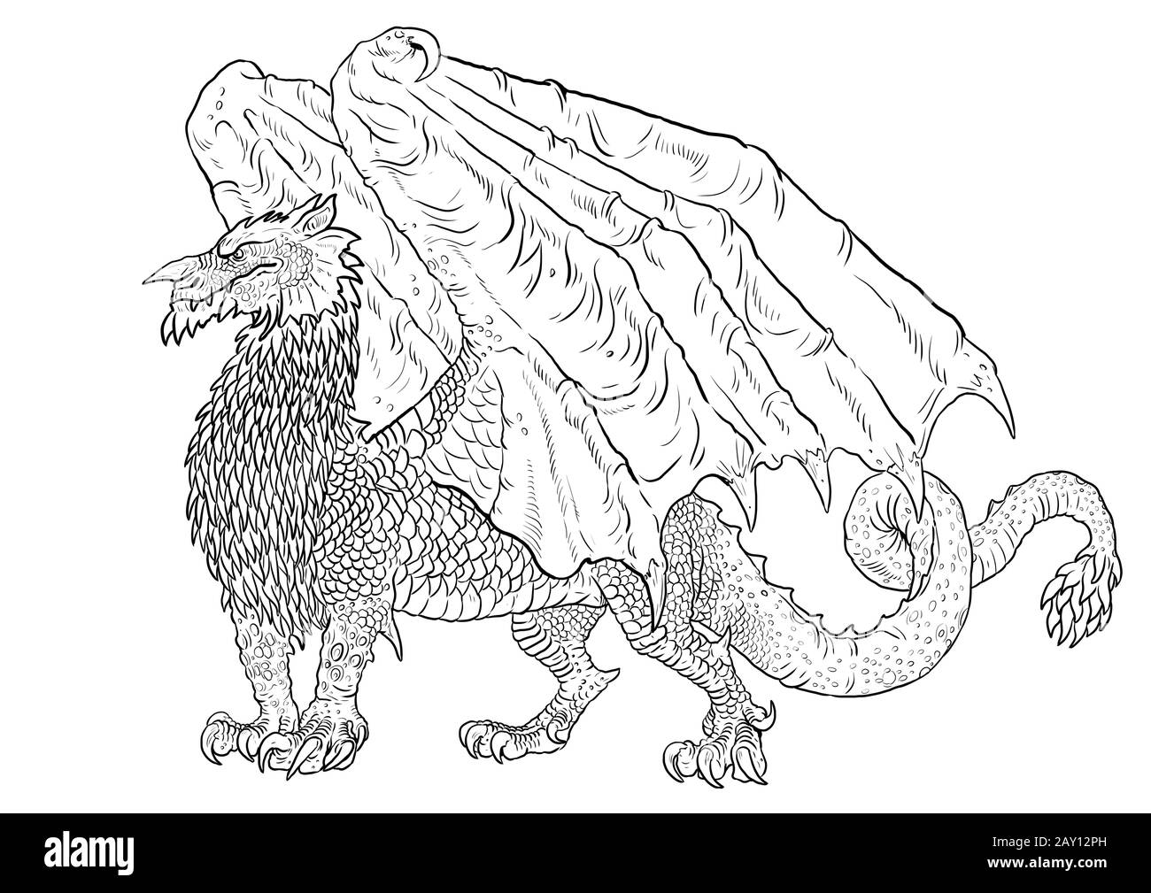 Pagina di colorazione Dragon. Illustrazione del contorno. Foglio da colorare per disegno Dragon. Foto Stock