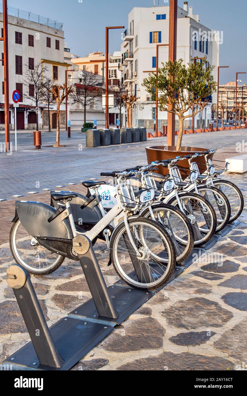 Bike Sharing, Ibiza, Isole Baleari, Spagna Foto Stock