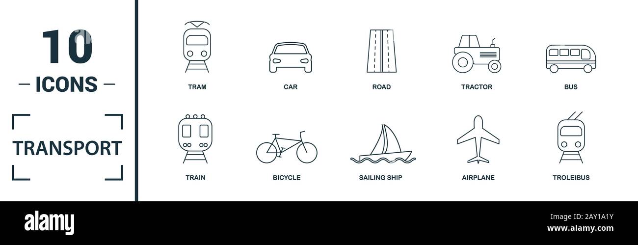 Icona del trasporto set. Includere elementi creativi auto, moto, biciclette, troleibus, taxi icone. Può essere utilizzato per la relazione, presentazione, diagramma, web Foto Stock
