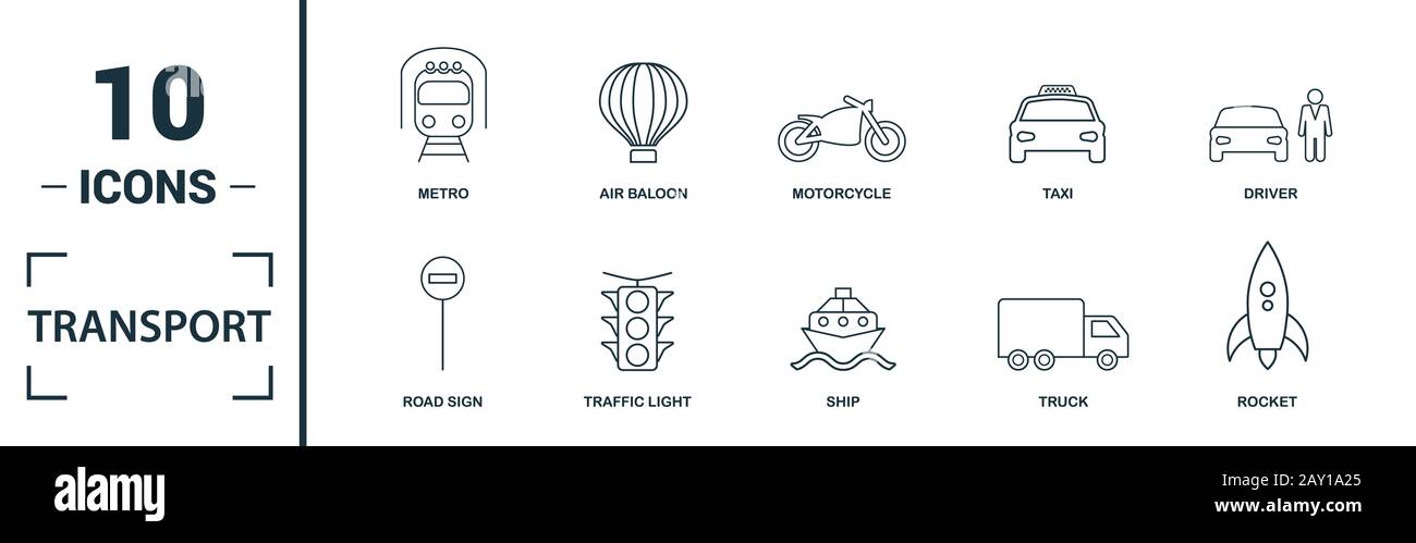 Icona del trasporto set. Includere elementi creativi auto, moto, biciclette, troleibus, taxi icone. Può essere utilizzato per la relazione, presentazione, diagramma, web Foto Stock