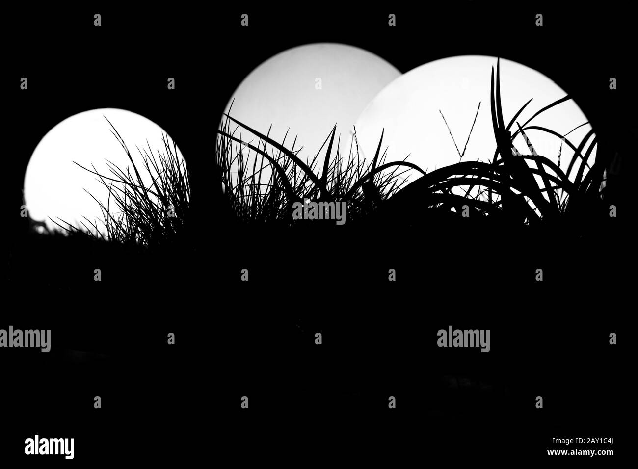 Lanterne decorative rotonde e luminose nel giardino e sagome di erba di fronte a strati simili alla luna. Foto Stock