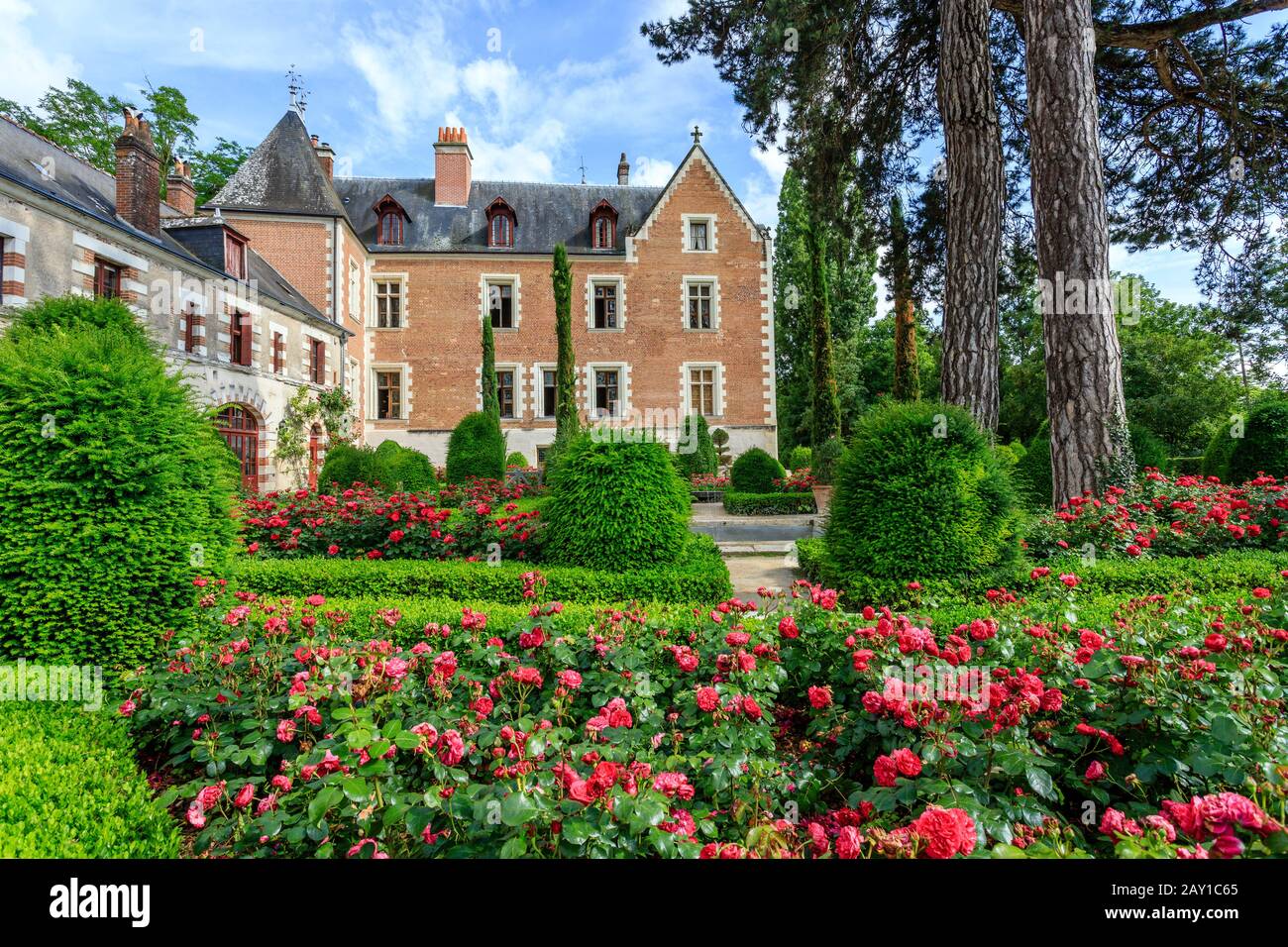 Francia, Indre et Loire, Valle della Loira elencati come Patrimonio Mondiale dall'UNESCO, Amboise, Chateau du Clos Lucé Parco e giardini, castello e yew e boxwood a. Foto Stock