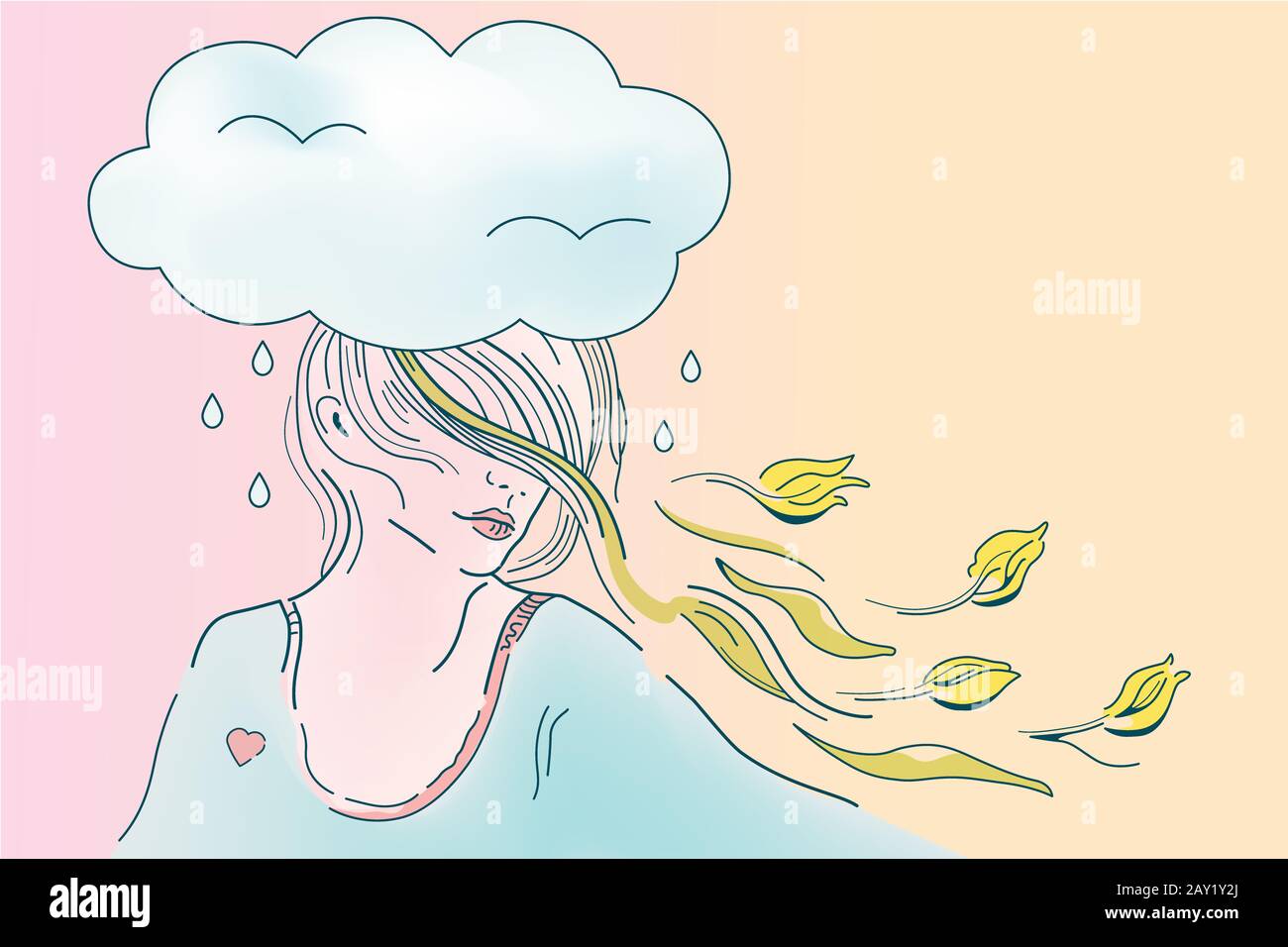 Illustrazione vettoriale della copertura del tempo di primavera, ragazza di umore romantico, donna con i capelli volanti e tulipani gialli. Fiori nella Giornata della Donna. Conce psicologica Foto Stock