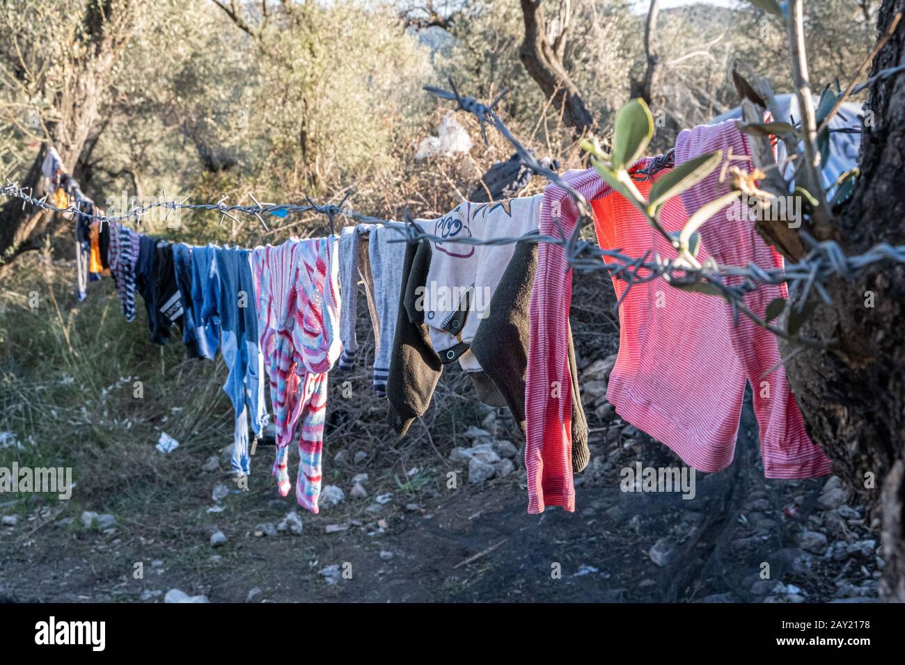 Lavare I Vestiti Moria Refugee Camp Lesbos Grecia Foto Stock