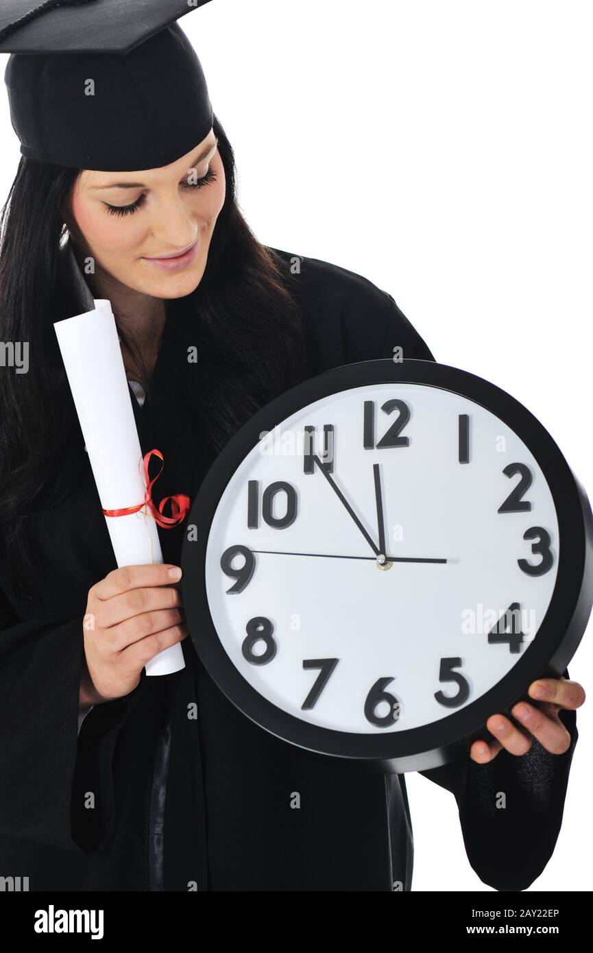 Studente laureato in garofano con diploma e orologio Foto Stock