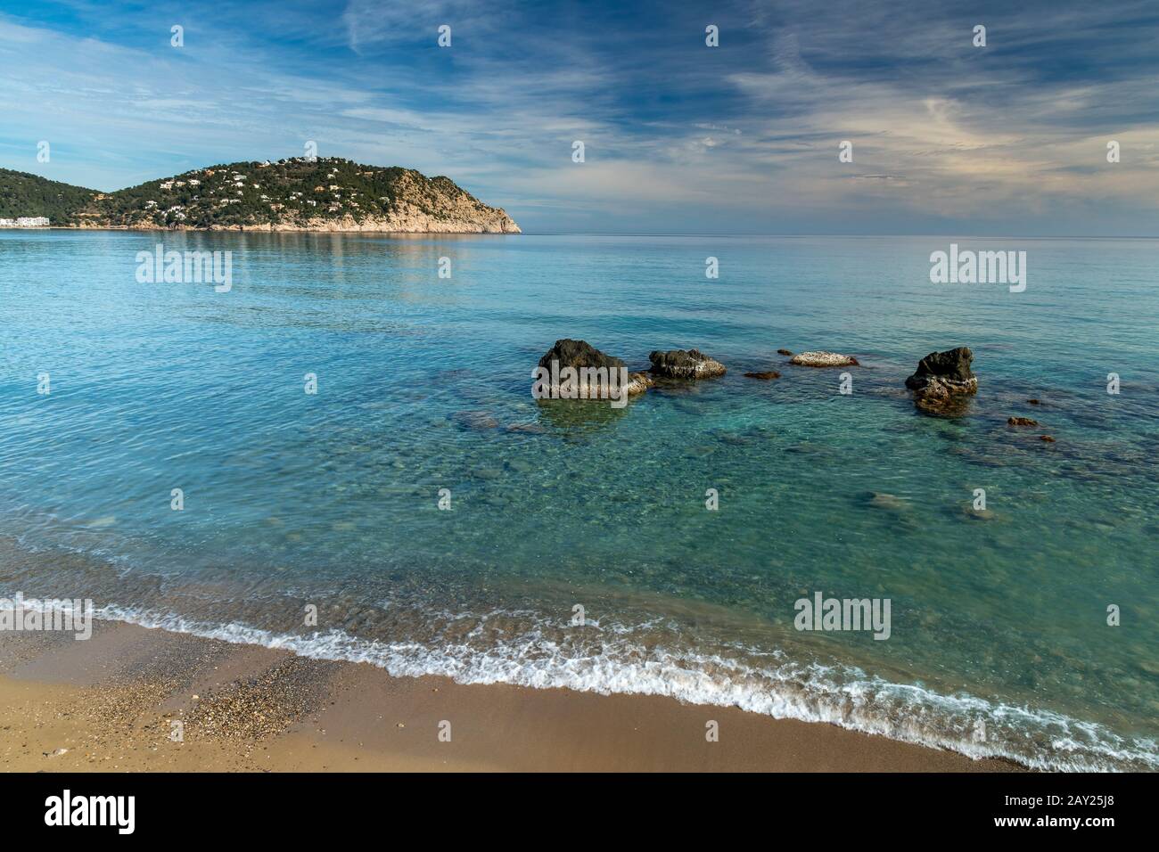Es Figueral Spiaggia, Ibiza, Isole Baleari, Spagna Foto Stock