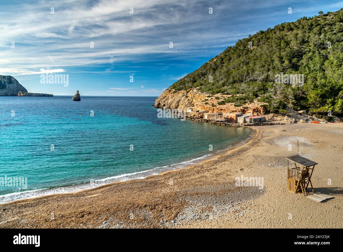 Spiaggia Cala Benirras, Port De Sant Miquel, Ibiza, Isole Baleari, Spagna Foto Stock