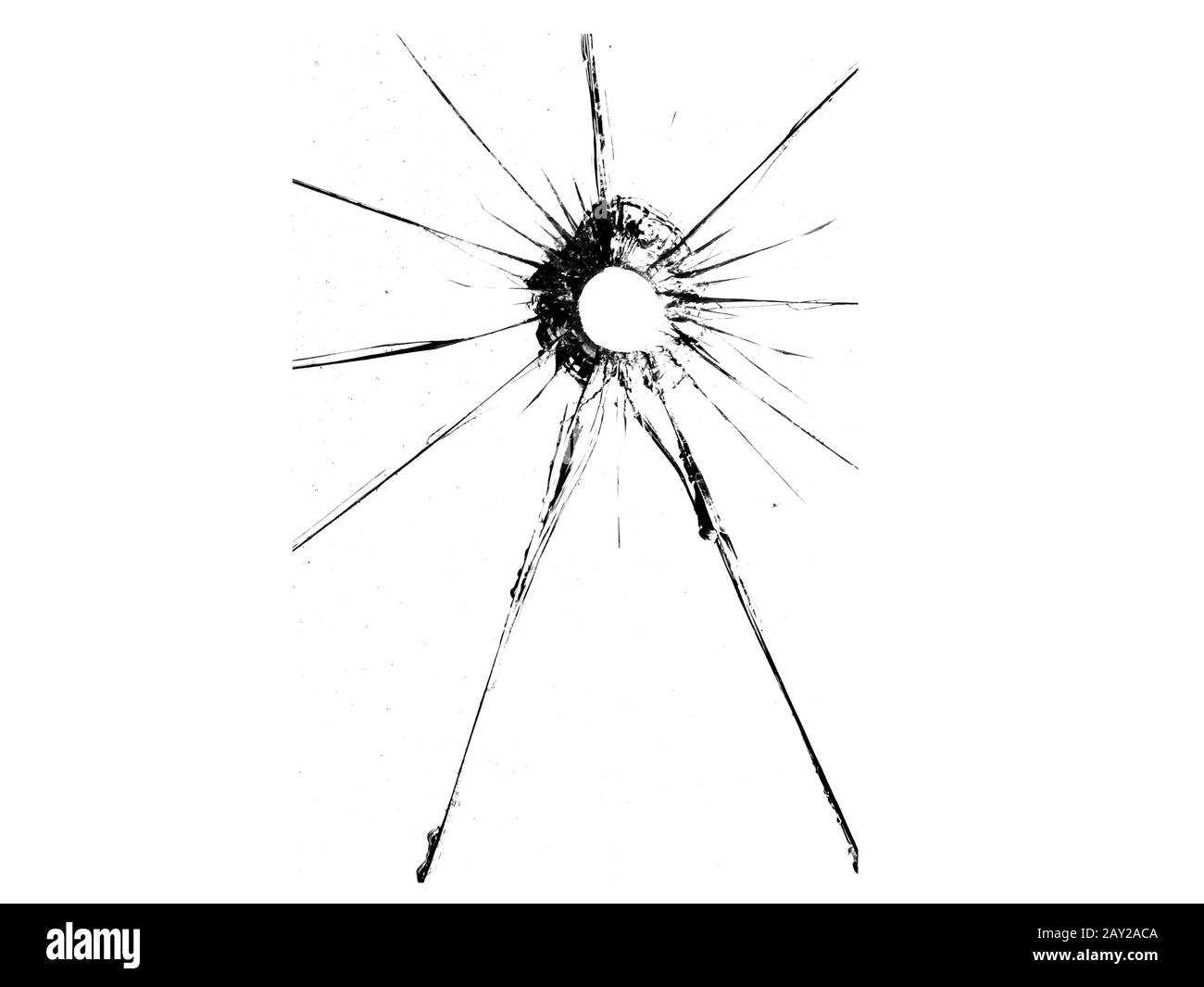 Dirk in vetro dal colpo. Vetro rotto su uno sfondo bianco, texture sfondo disegno oggetto Foto Stock