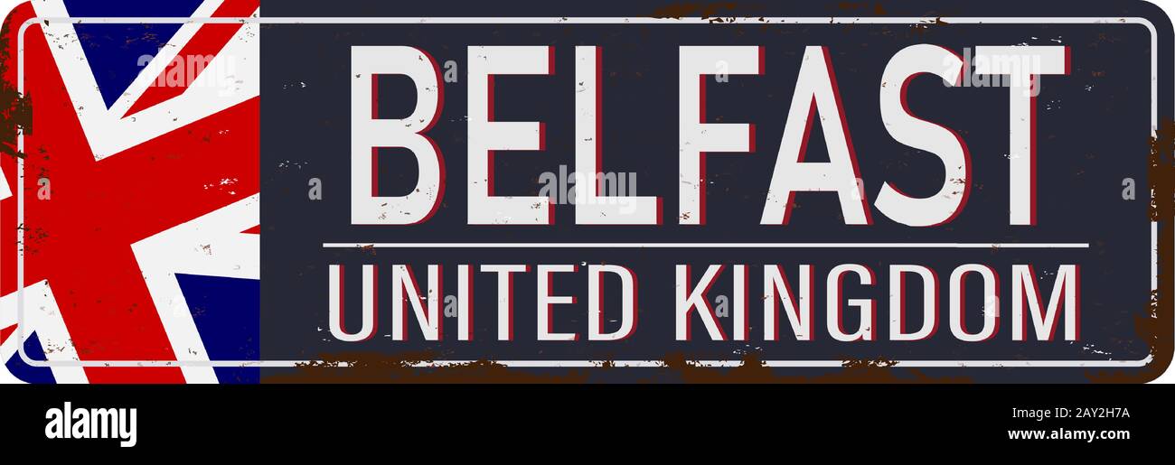 Regno Unito città Belfast segno d'epoca. Destinazioni di viaggio tema su vecchio sfondo arrugginito. Illustrazione Vettoriale