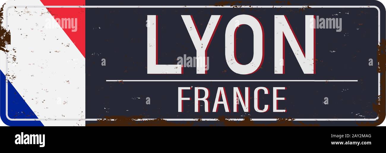 Lyon Road Sign con bandiera vettore illustrazione, città francese Illustrazione Vettoriale