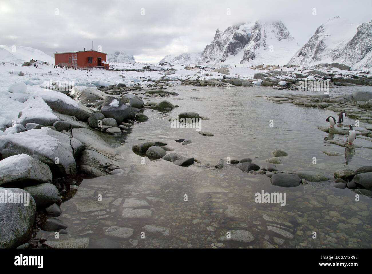 Vecchia Stazione di ricerca e una colonia di pinguini intorno lo sfondo delle montagne della Penisola Antartica Foto Stock