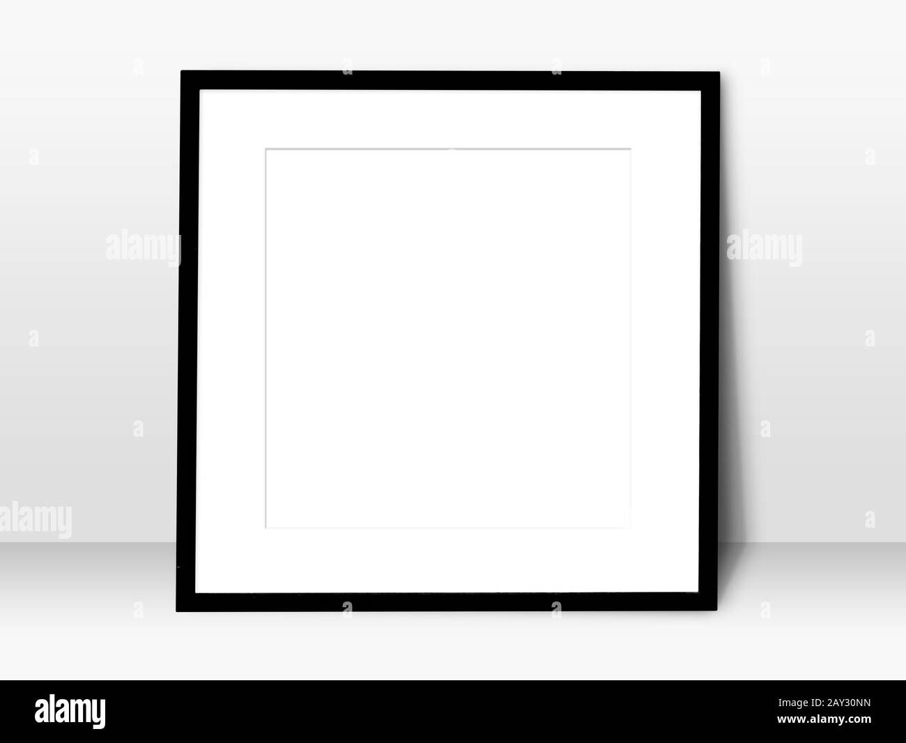 spazio vuoto bianco in cornice nera appoggiata contro la parete bianca. cornice bianca semplice per la presentazione o per decorare lo sfondo Foto Stock