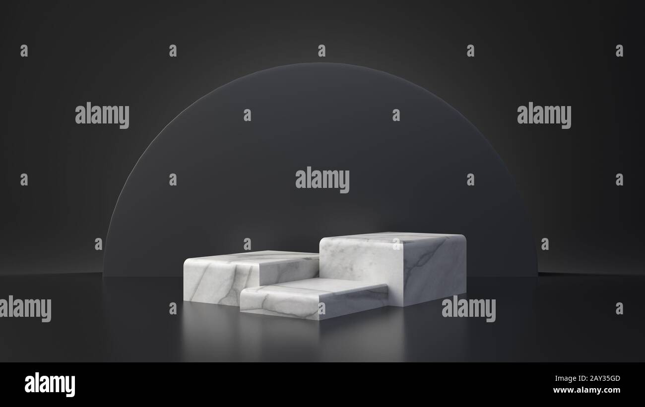 Tavolo rettangolare in marmo bianco su sfondo nero. Concetto astratto di geometria minima. Piattaforma podio studio. Fiera e business pre Foto Stock