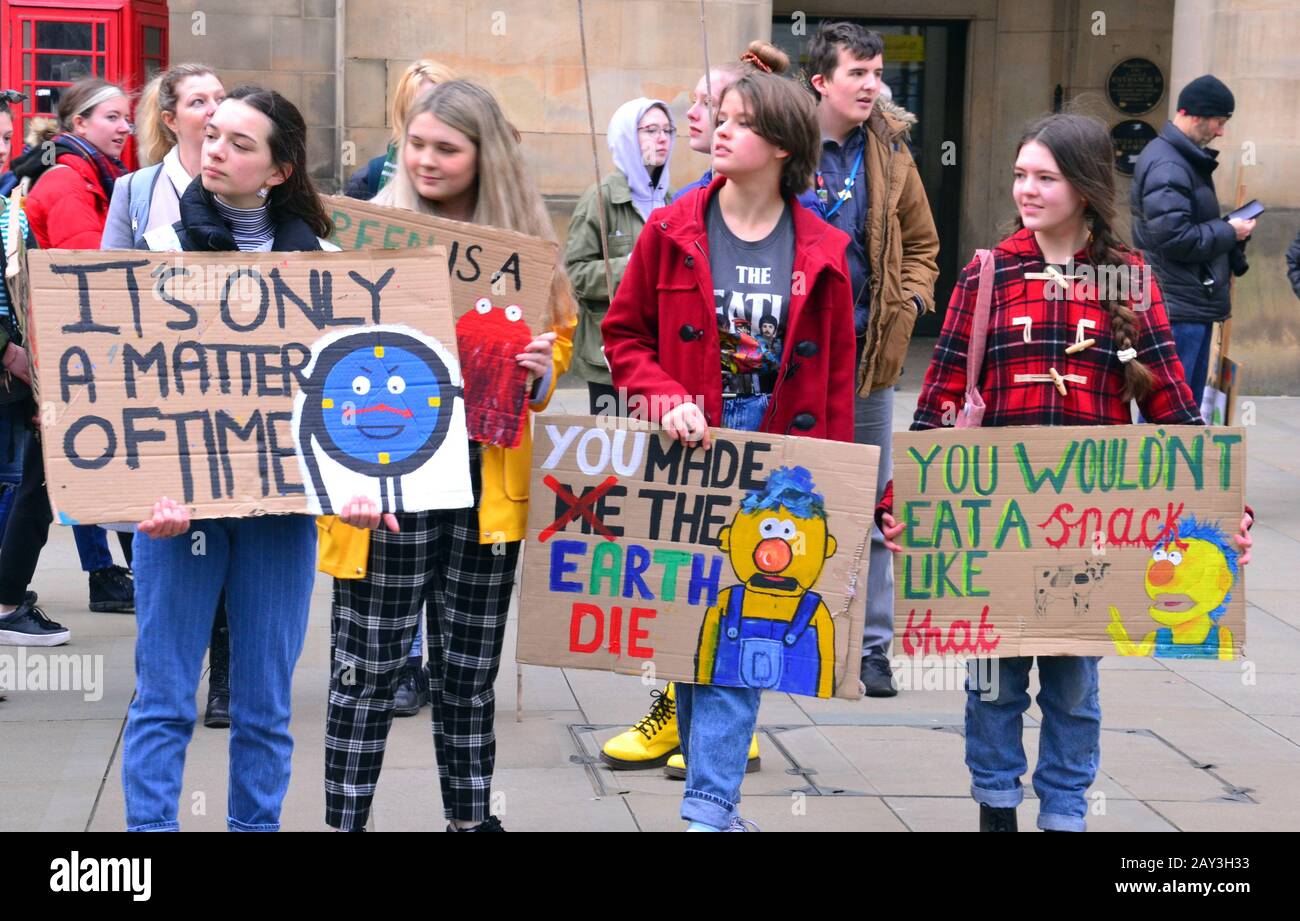 I giovani fanno pressioni affinché si agisca per prevenire il cambiamento climatico alla protesta del 14th febbraio 2020 dello sciopero dei giovani di Manchester, nel regno unito. Gli organizzatori dicono: 'La rete climatica dei roditori (UKSCN) è un gruppo di gran parte sotto 18s che si prende per le strade per protestare contro la mancanza di azione del governo sulla Crisi climatica. Stiamo mobilitando un numero senza precedenti di studenti per creare un movimento forte e inviare un messaggio che siamo stanchi di essere ignorati". Foto Stock