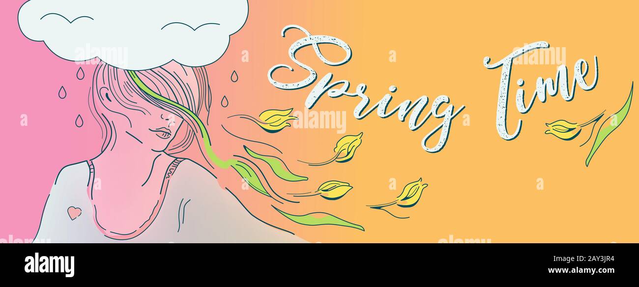 Illustrazione della copertina facebook primavera-tempo, ragazza di umore romantico, donna con capelli volanti e tulipani gialli. Fiori nella Giornata della Donna. Problemi psicologici Illustrazione Vettoriale