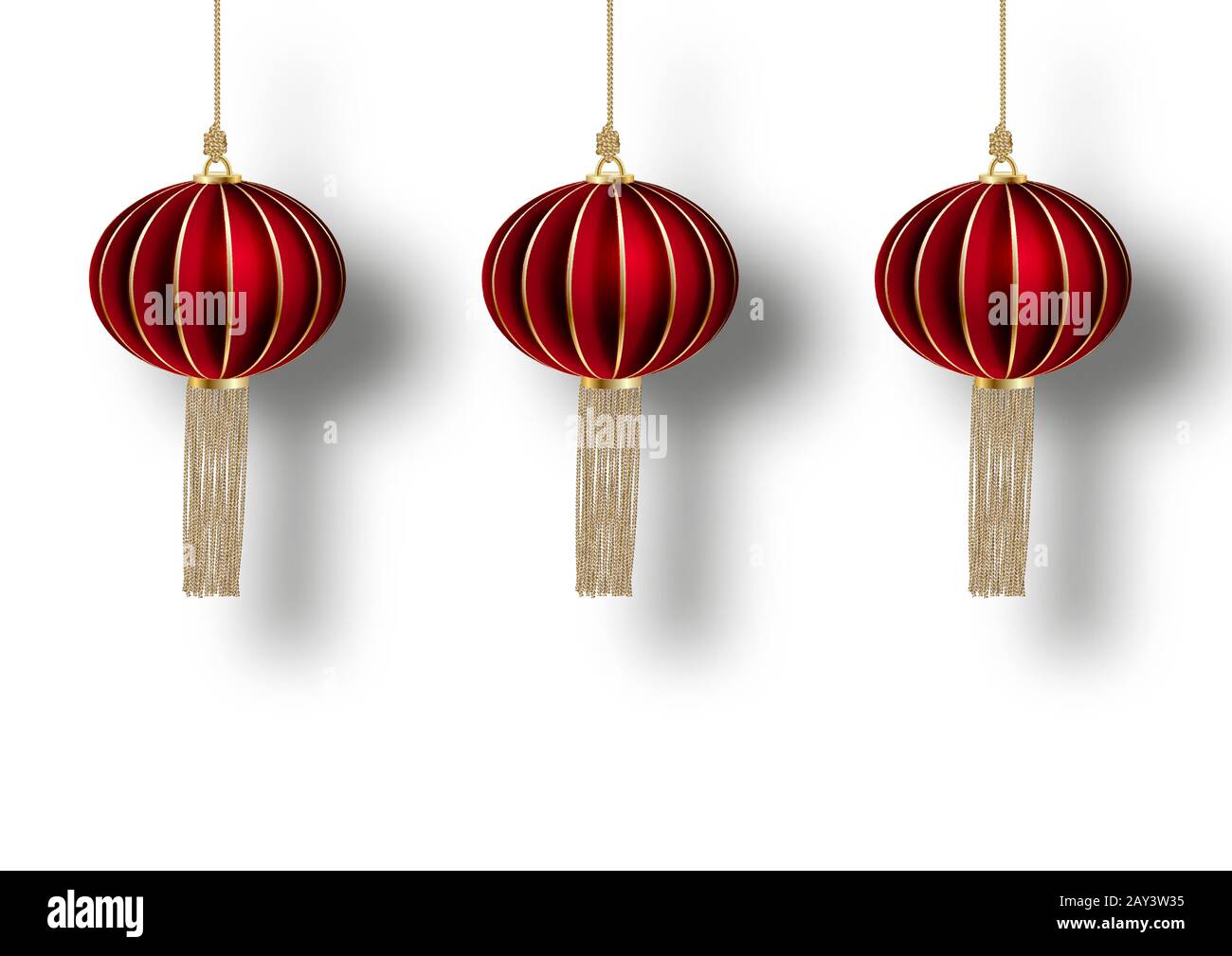 Lanterne rosse pendenti cinesi realistiche isolate su sfondo bianco. Vettore Illustrazione Vettoriale