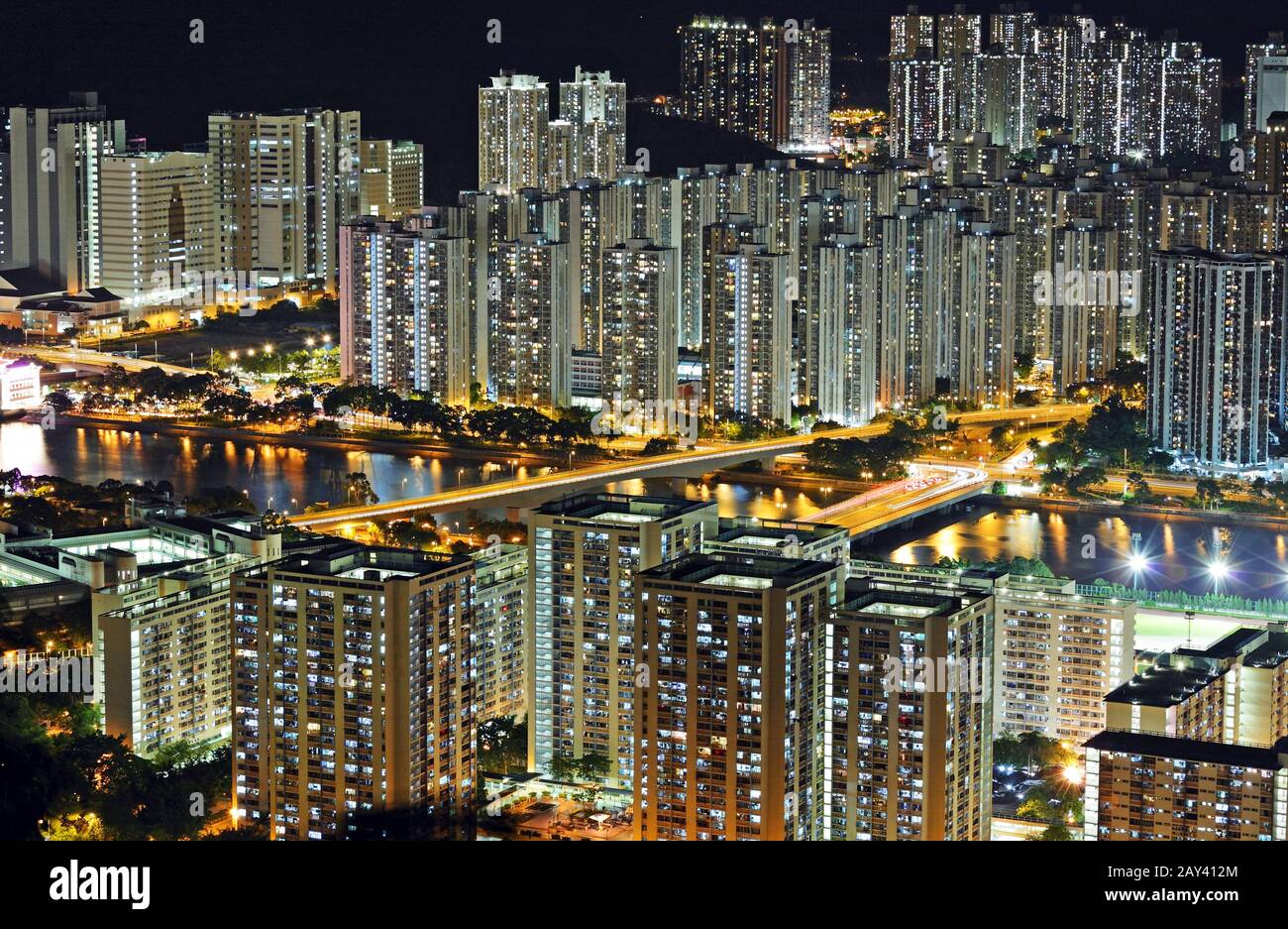 Hong Kong downtown di notte Foto Stock