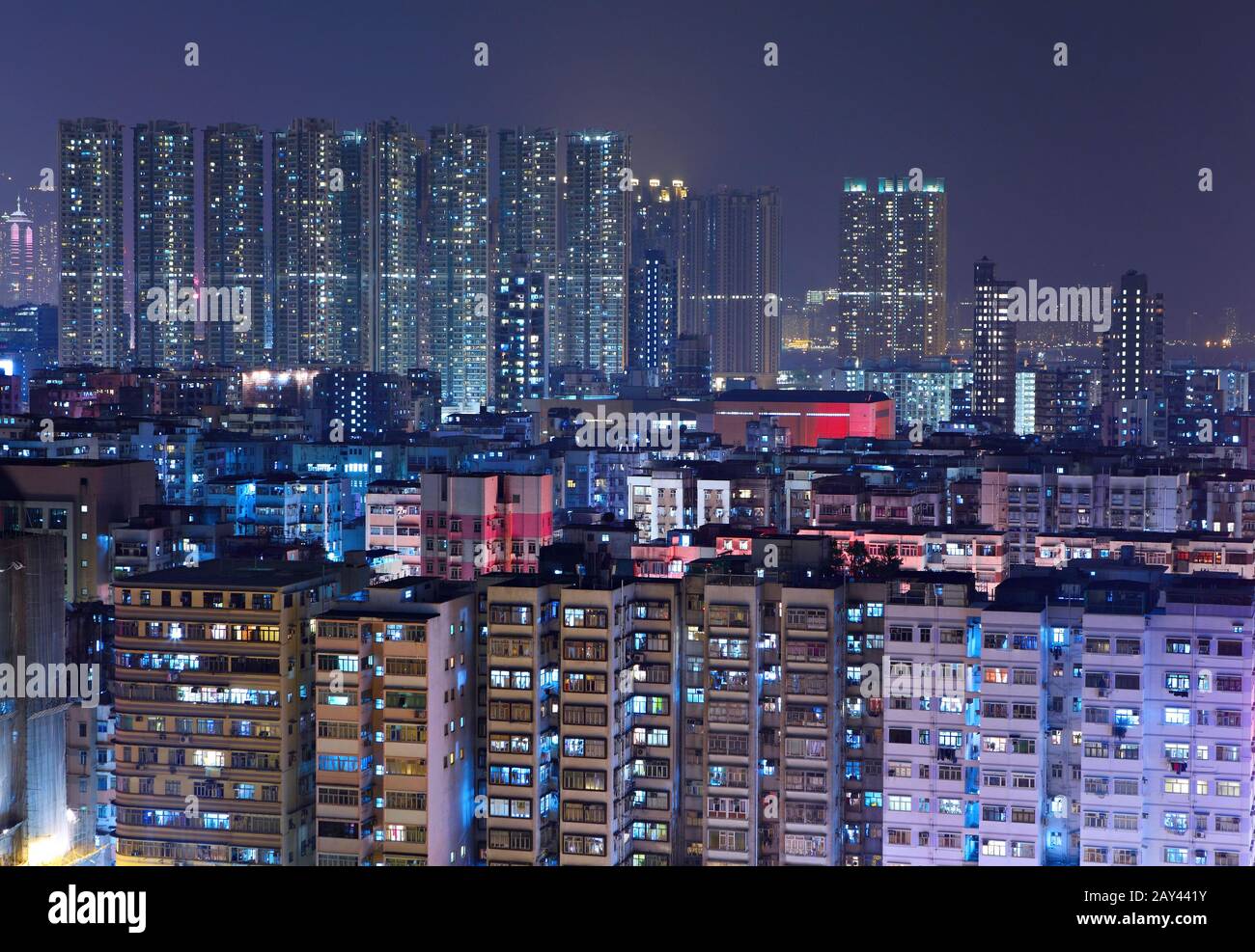 Hong Kong downtown di notte Foto Stock