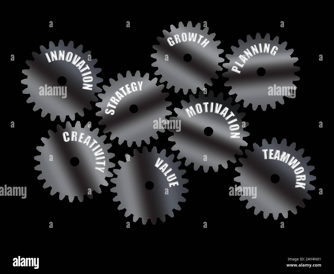 Parole aziendali scritte su ingranaggi in metallo lucido con sfondo nero. Collage concettuale per modelli o presentazioni di ispirazione. Foto Stock