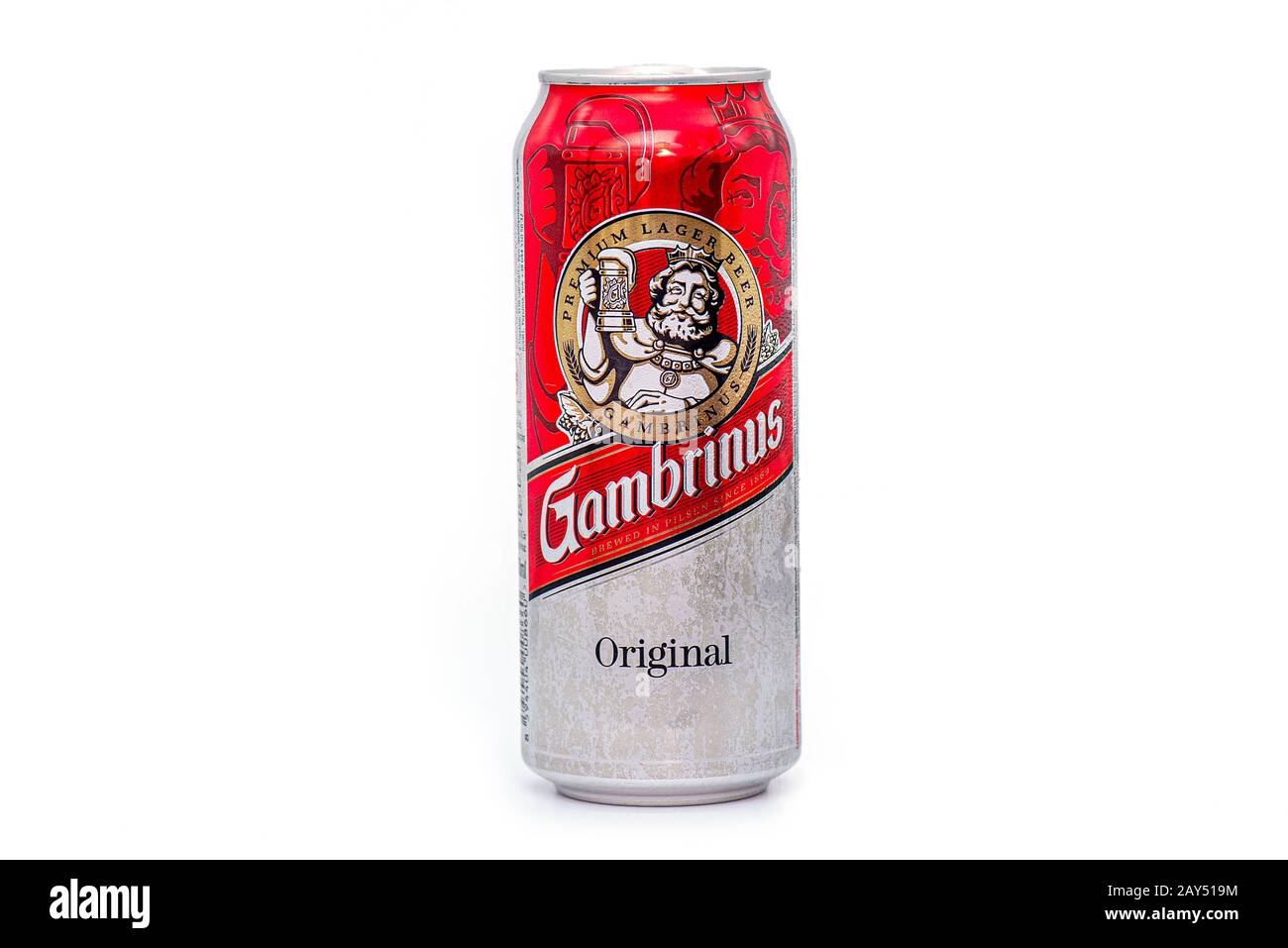 Monaco di Baviera - 14 FEBBRAIO: Gambrinus Beer alluminio Può isolato su sfondo bianco a Monaco il 14 febbraio. 2020 in Germania Foto Stock