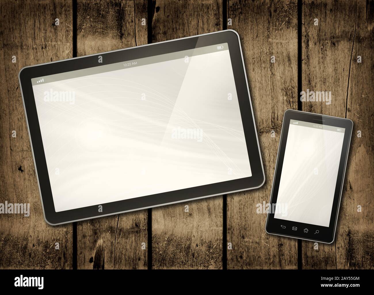 Smartphone e Tablet digitale PC al buio su un tavolo di legno Foto Stock