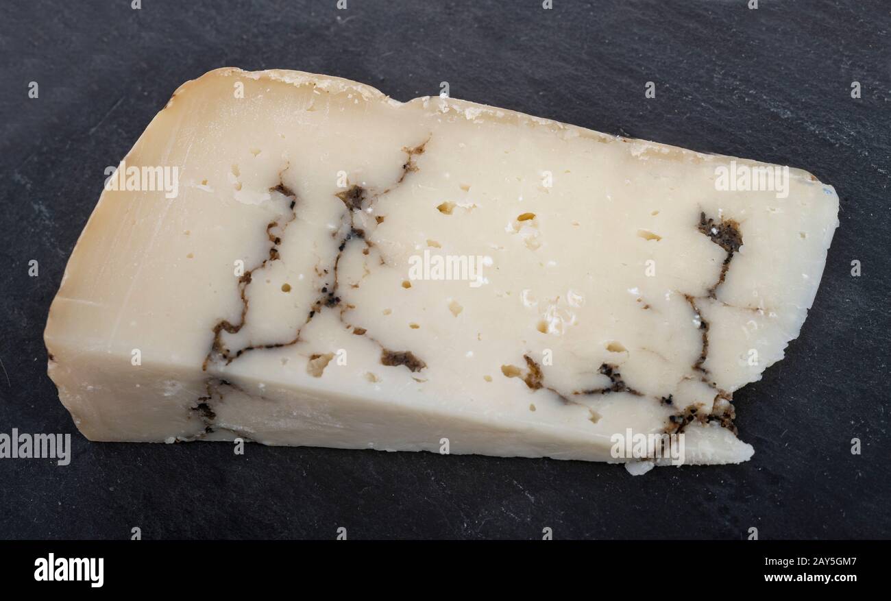 formaggio al tartufo di fronte allo sfondo bianco Foto Stock