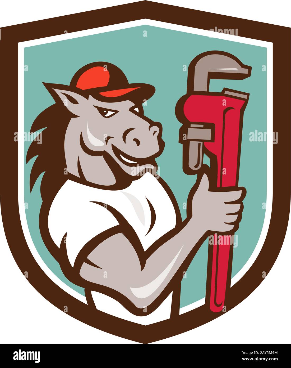 Horse Plumber Monkey Wrench Crest Cartoon Foto Stock