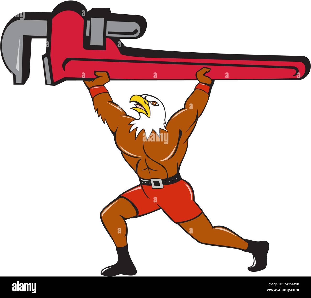 Aquila calva Plumber Monkey Wrench isolato Cartoon Foto Stock