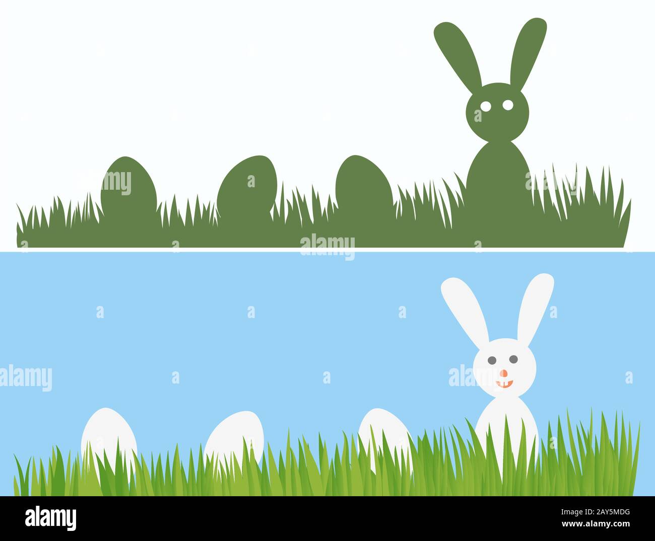 Coniglietto di Pasqua felice e uova nell'erba. Tema Easter Egg Hunt. Illustrazione Vettoriale