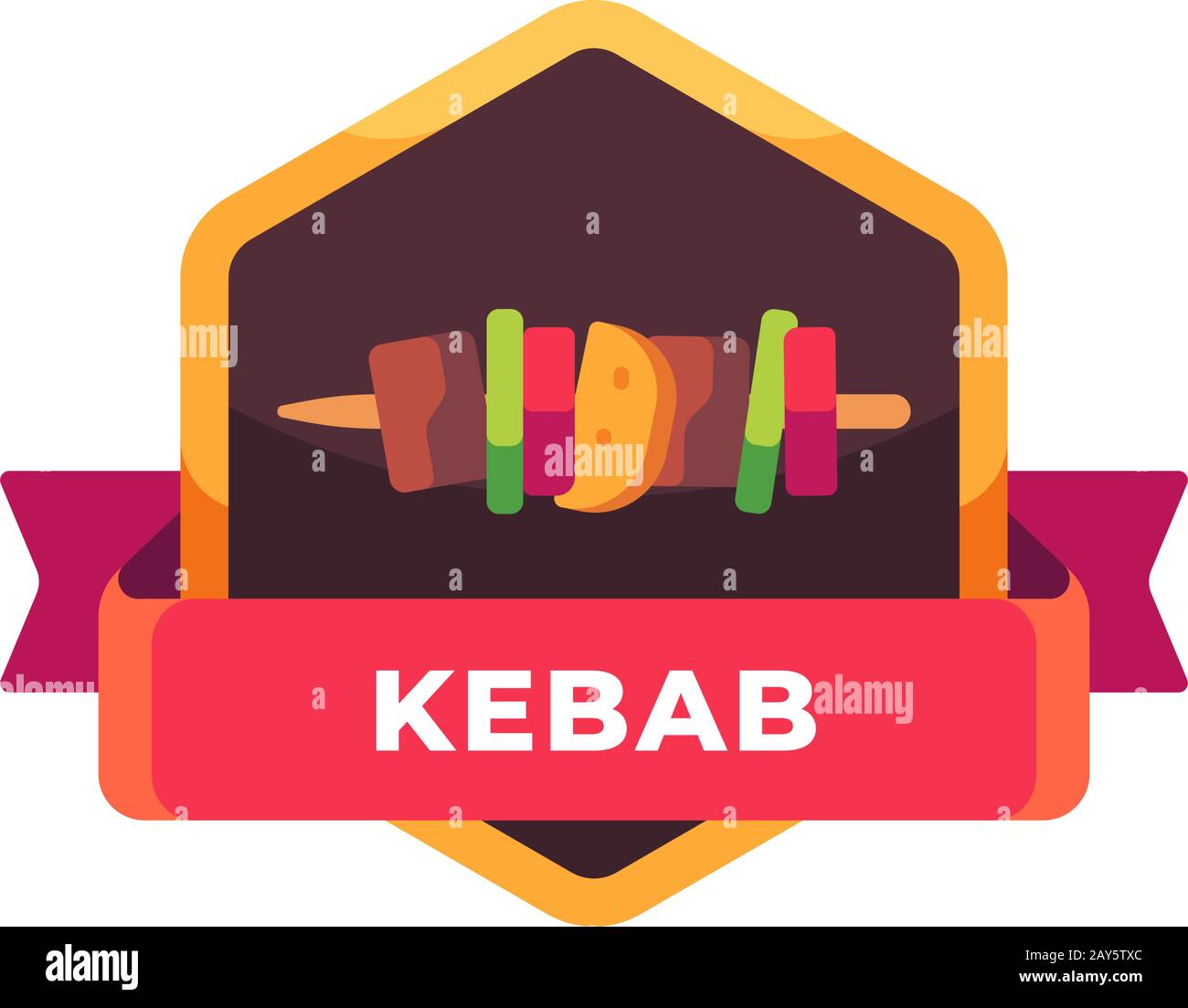 Shish kebab su un bastone di legno. Etichetta fast food Illustrazione Vettoriale
