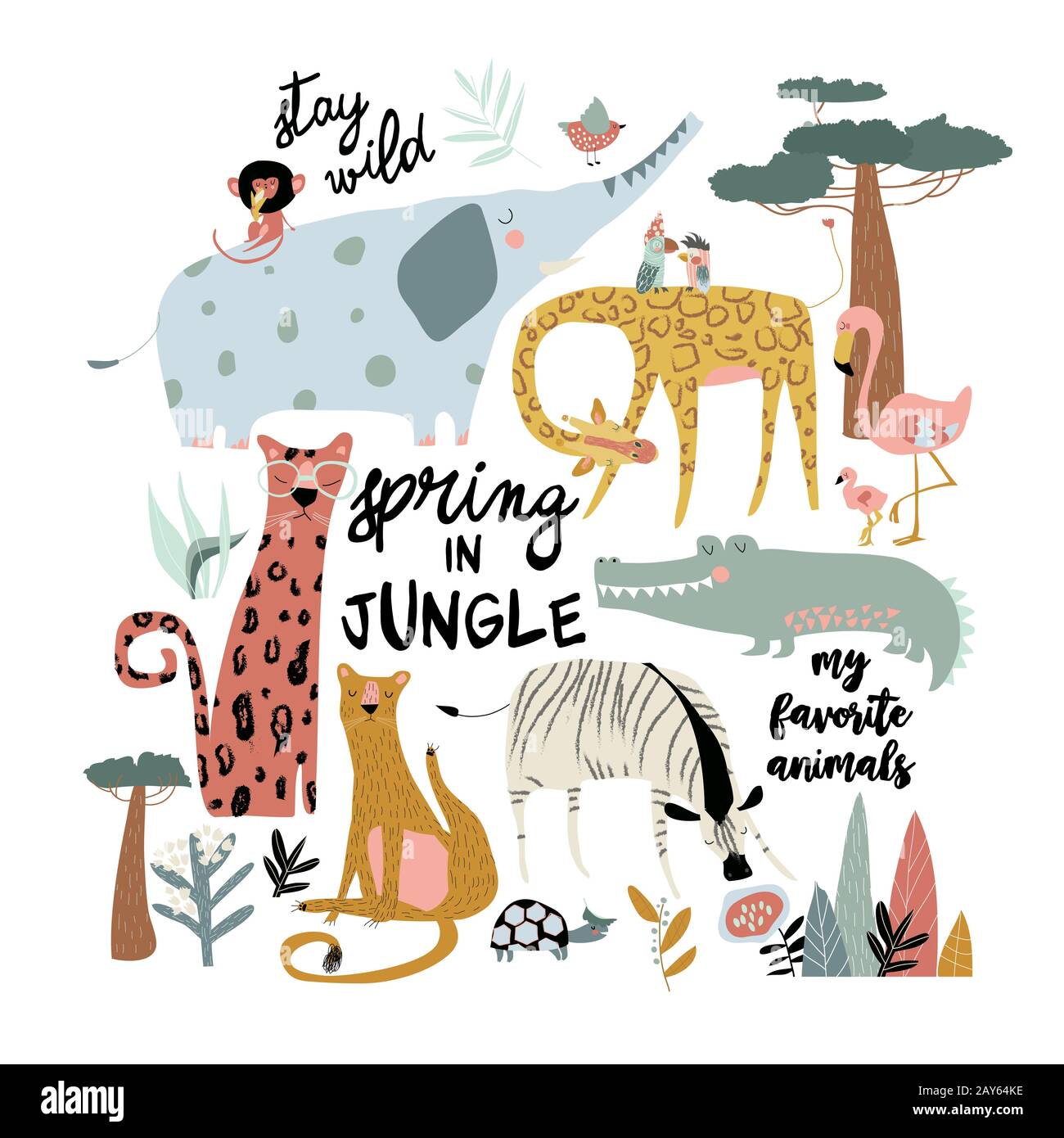 Set di animali selvatici cartoon su sfondo bianco Illustrazione Vettoriale