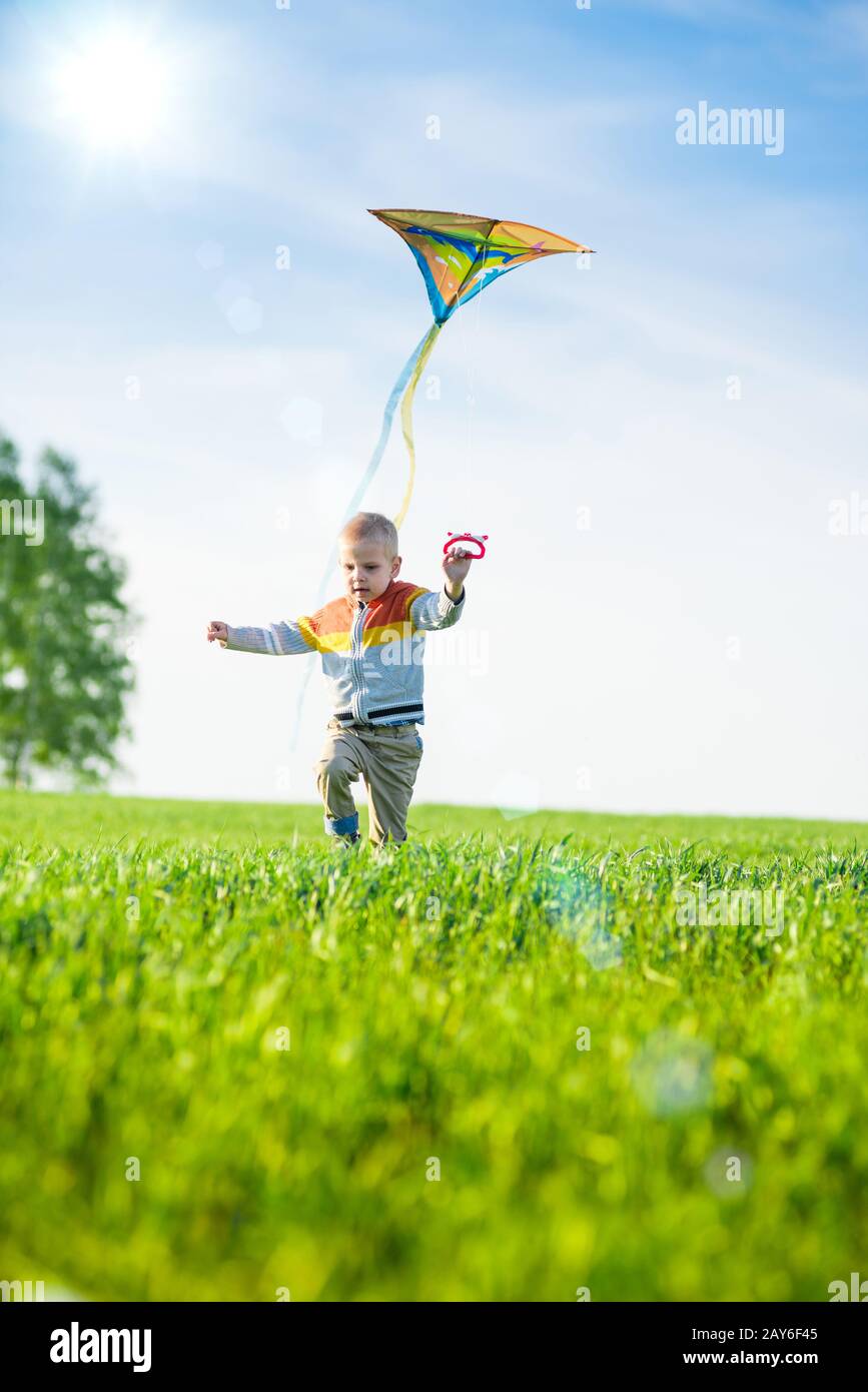 Giovane ragazzo giocando con il suo kite in un campo verde. Foto Stock