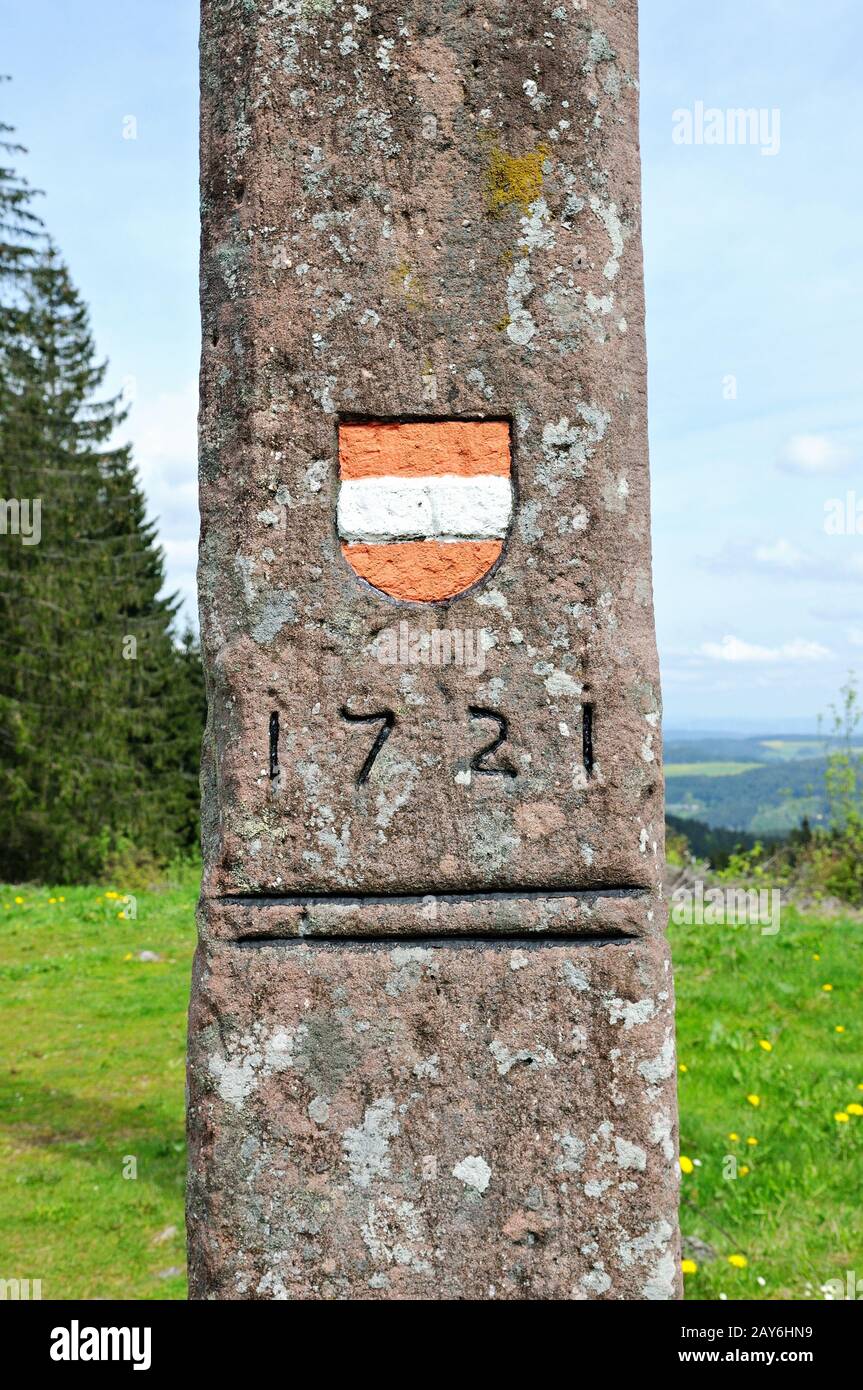 Stemma e numero di anno sulle fienche della Foresta Nera di Triberg Germania Foto Stock