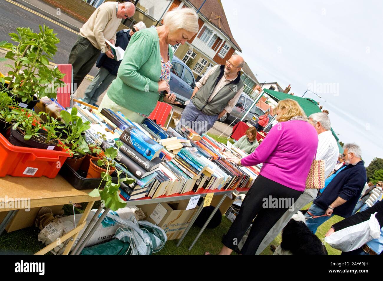 Varie persone che guardano un libro e uno stallo pianta ad una fiera, donna che guarda il suo telefono, case int egli sfondo. Foto Stock