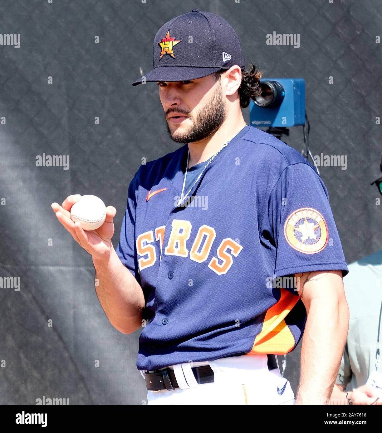 West Palm Beach, Stati Uniti. 14th Feb, 2020. Houston Astros pitching Lance McCullers Jr (43) getta pratica presso la struttura di formazione primaverile di Astros Fitteam Stadium delle spiagge delle Palme, a West Palm Beach, Florida, venerdì 14 febbraio 2020. Foto di Gary i Rothstein/UPI Credit: UPI/Alamy Live News Foto Stock