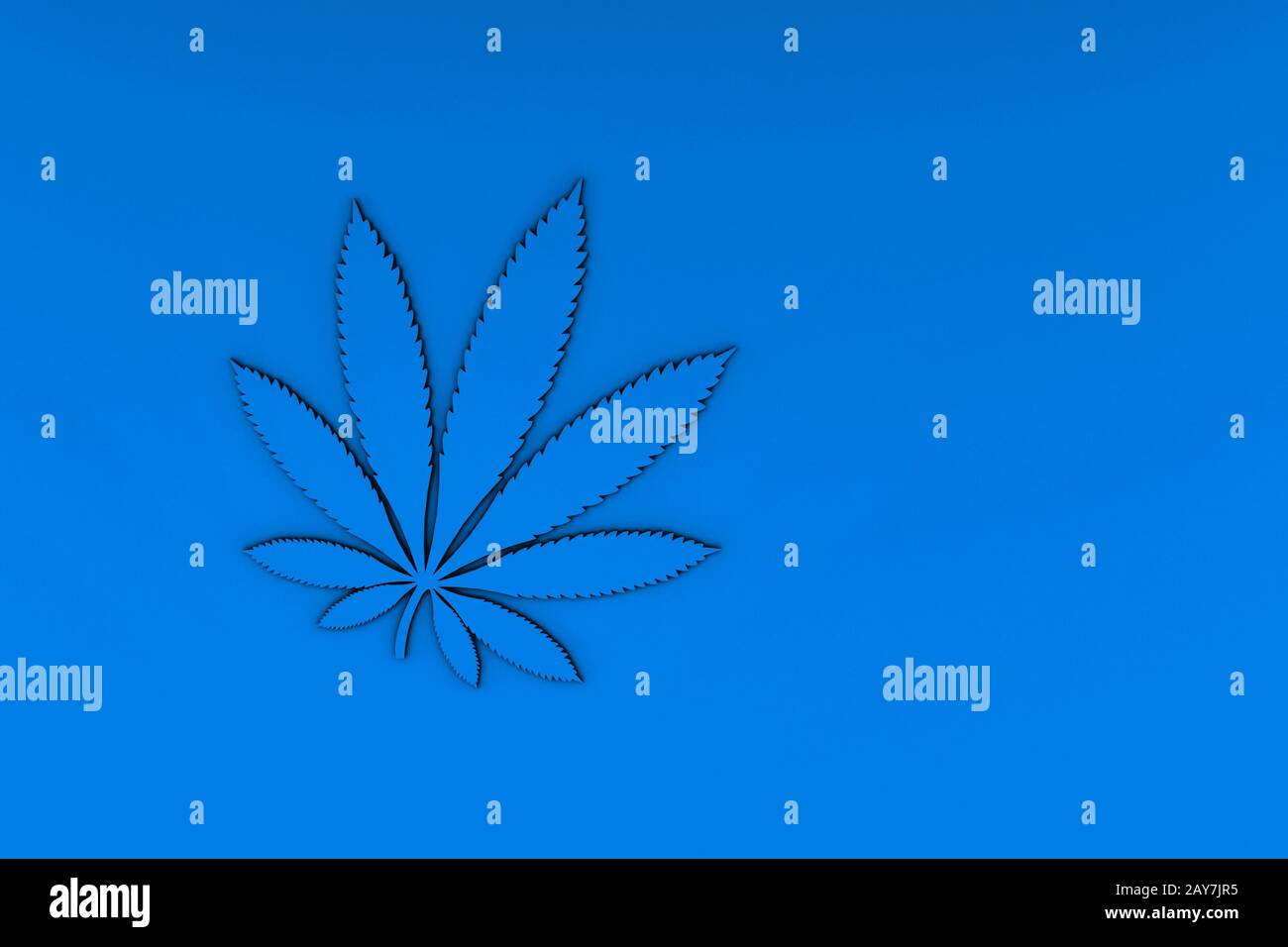 Cannabis close-up, astratto sfondo blu, tinto.3D rendering. Foto Stock