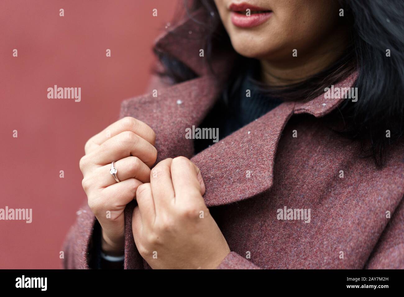 Ritratto di una donna in un cappotto di borgogna con lunghi capelli neri Foto Stock