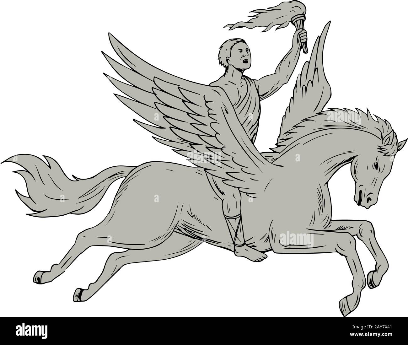 Equitazione Bellerophon Pegasus tenendo premuto il disegno della torcia Foto Stock