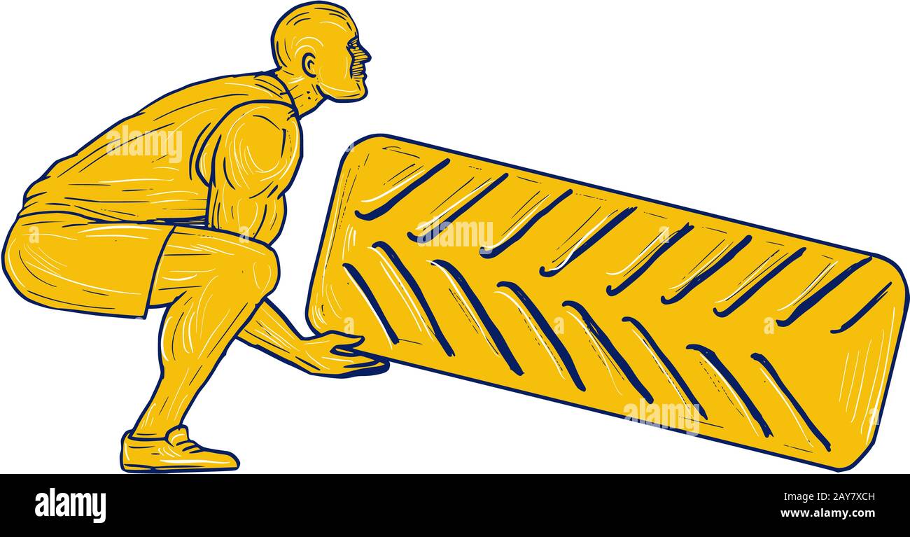 Atleta Fitness Squatting sollevamento disegno del pneumatico Foto Stock