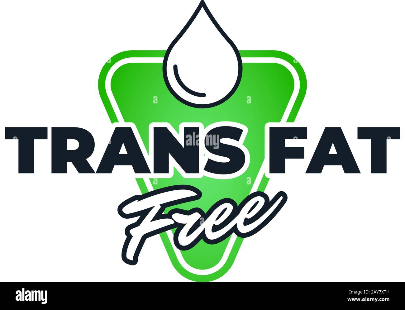 Badge verde TRANS FAT Free per l'icona di controllo della dieta. Etichetta sana di ingrediente alimentare organico con goccia di olio. Immagine eps Vector Natural eco product symbol quality Illustrazione Vettoriale