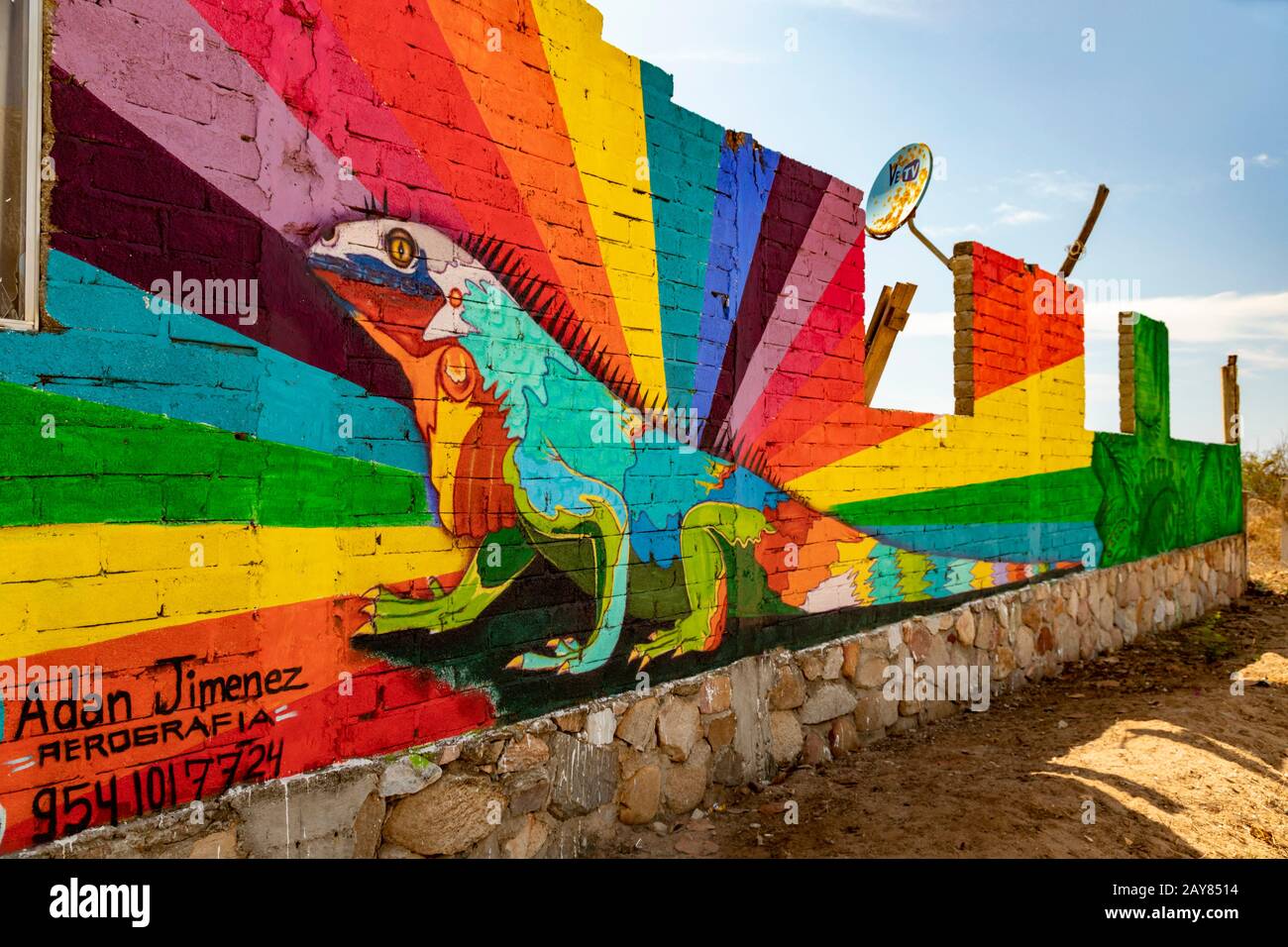 Brisas de Zicatela, Oaxaca, Messico - un dipinto di un'iguana su un edificio abbandonato vicino alla spiaggia dell'Oceano Pacifico. Foto Stock