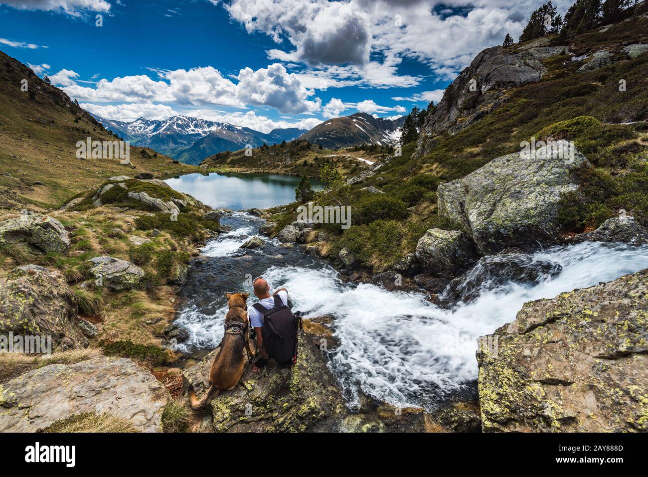 Uomo attivo seduto sulla roccia con cane durante il trekking Foto Stock