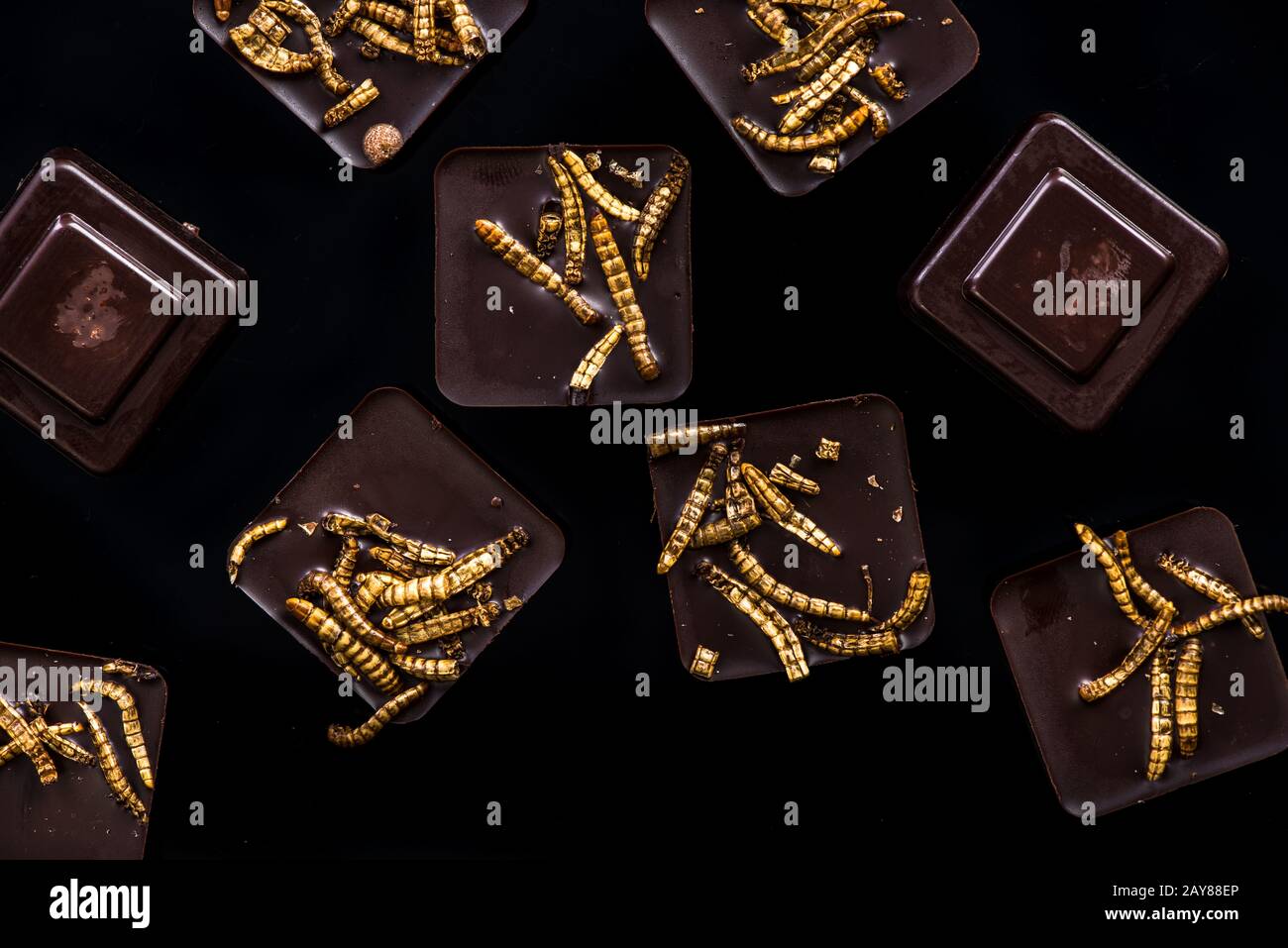 Cioccolato con vermi commestibili, tendenze culinarie Foto Stock