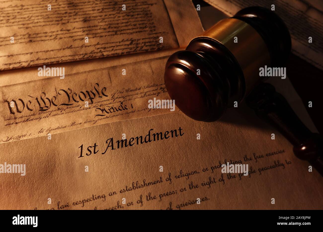 Primo testo di emendamento e gavel Foto Stock