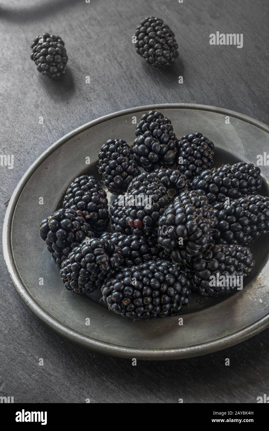 Mirtilli neri su un piatto di peltro Foto Stock