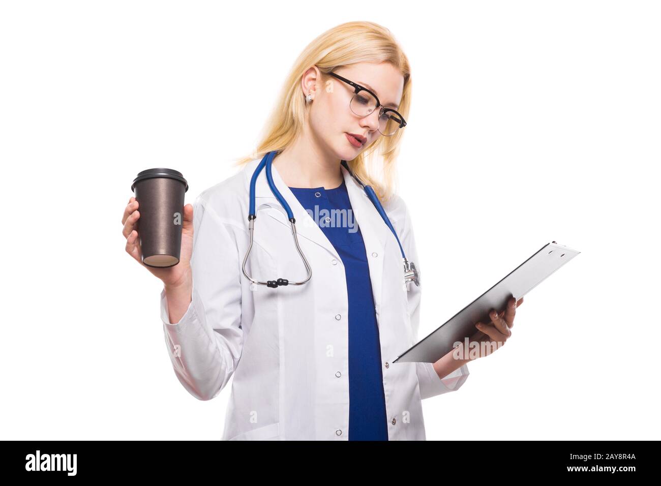 Donna medico con stetoscopio e appunti Foto Stock