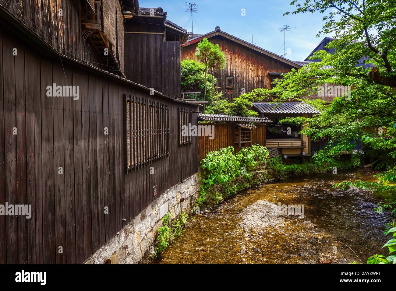 Case tradizionali giapponesi sul Fiume Shirakawa, quartiere di Gion, Kyoto, Giappone Foto Stock