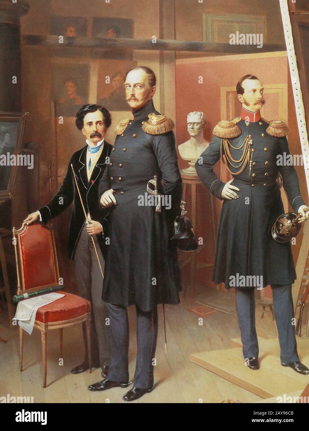 L'imperatore russo Nicholas i Pavlovich e il Granduca Alexander Nikolaevich nello studio dell'artista. Dipinto di B. Villevande, 19th secolo. Foto Stock